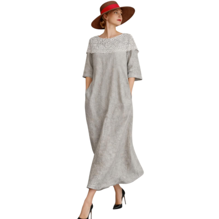 Rochii in - Rochie din in croi larg si guler din dantela