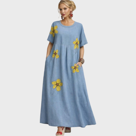 Rochii bumbac - Rochie lunga din denim fin cu flori pictate si pietre colorate