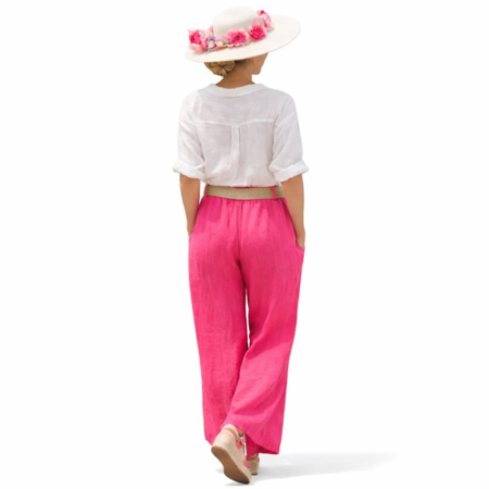 Pantaloni din in ciclam cu buzunare laterale si  curea [2]