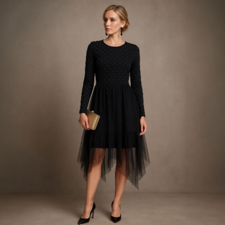 Rochii pentru  ocazii - Rochie neagra  asimetrica  cu tulle si strasuri argintii