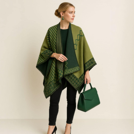 Poncho sezon rece - Poncho asimetric generos tip pelerina  in nuante de verde pentru sezon rece