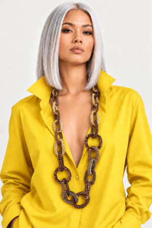 Coliere lungi - Colier elegant lung statement cu zale mari maro si auriu