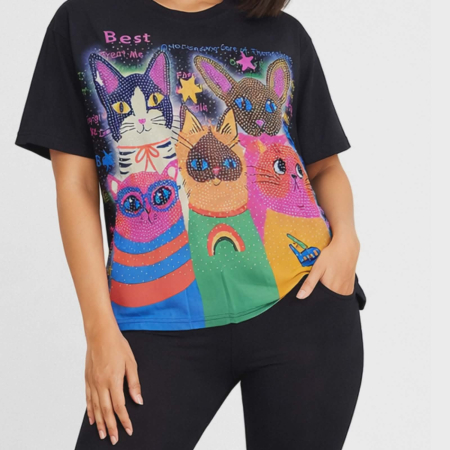 Bluza larga din bumbac cu imprimeu pisici si strasuri argintii [1]