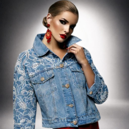 Geci /Veste - Geaca bleumarin denim cu broderie alba aplicata si croi drept