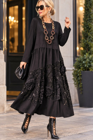 Rochii vascoza - Rochie neagra eleganta din vascoza cu paiete si trandafiri aplicati