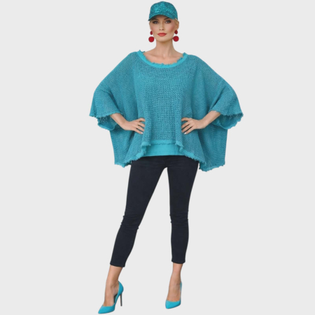 Bluze sezon cald - Bluza tip poncho turcoaz cu textura aerata si aspect destramat la margini