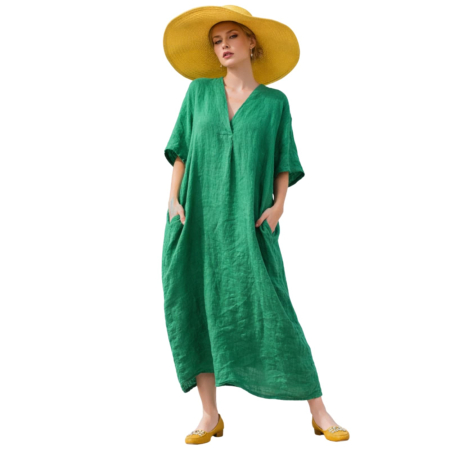 Rochii in - Rochie verde din in croi larg si buzunare laterale ascunse