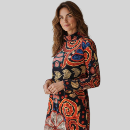 Bluze poliester - Rochie tip tunica asimetrica cu imprimeu etnic multicolor