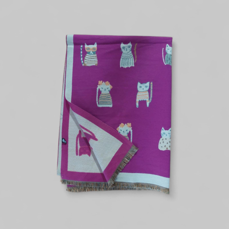 Esarfe/Saluri - Esarfa generoasa  din casmir mov cu imprimeu pisici