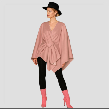 Poncho sezon rece - Poncho asimetric roz pal cu prindere pe partea din fata