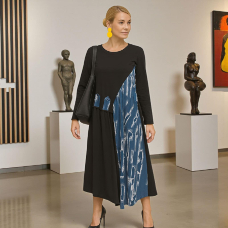 Rochii bumbac - Rochie asimetrica  din bumbac pe fond negru  cu aspect zdrenturos