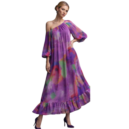 Rochii matase - Rochie maxi mov imprimeu artistic multicolor croi amplu cu volan