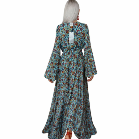 Rochie lunga din matase indiana cu imprimeu  floral si maneci clopot [2]