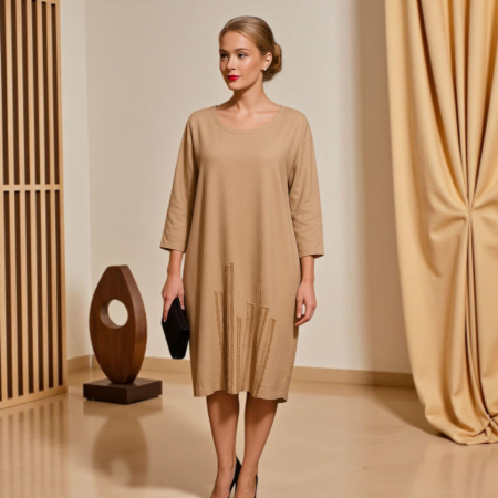 Rochii bumbac - Rochie din Bumbac Crem cu Buzunare si Paiete Fine la Polape