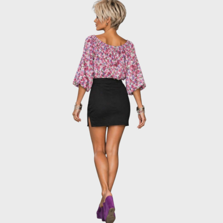 Bluza din bumbac imprimeu floral roz si elastic la decolteu [2]