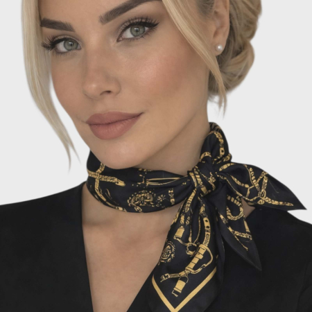 Esarfe/Saluri - Esarfa in forma patrata din satin pe fond negru si imprimeu galben