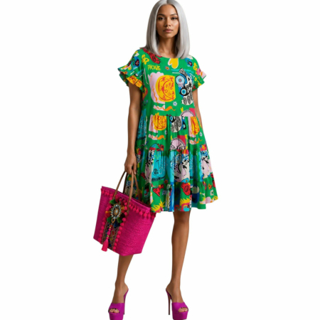 Rochii sezon cald - Rochie din bumbac imprimeu multicolor si volanase la maneci