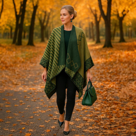 Poncho asimetric generos tip pelerina  in nuante de verde pentru sezon rece [1]