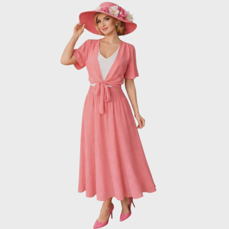 Rochii pentru  ocazii - Rochie lunga din voal roz cu bolero cusut