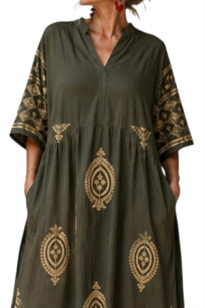 Rochie din vascoza verde kaki cu fir lame auriu [2]
