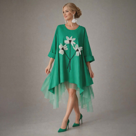 Imbracaminte - Rochie asimetrica verde din bumbac si tulle cu maneci lungi