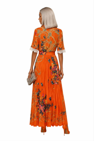 Rochie lunga plisata tip gipsy  cu dantela si nasturi la bust [2]