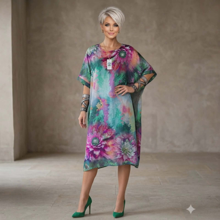 Rochii bumbac - Rochie tip poncho pe fond verde cu imprimeu floral