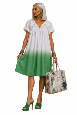 Rochii sezon cald - Rochie mini din bumbac in degrade cu macrame la decolteu