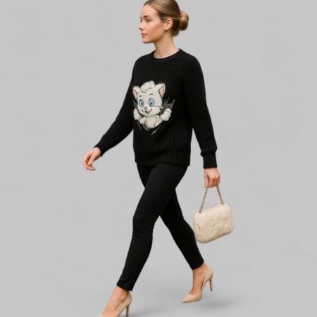 Imbracaminte desene pisici - Pulover tricotat gros cu imprimeu pisica pufoasa si decolteu rotund