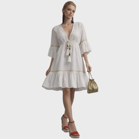 Rochii bumbac - Rochie alba cu insertii de macrame la bust si broderie aurie