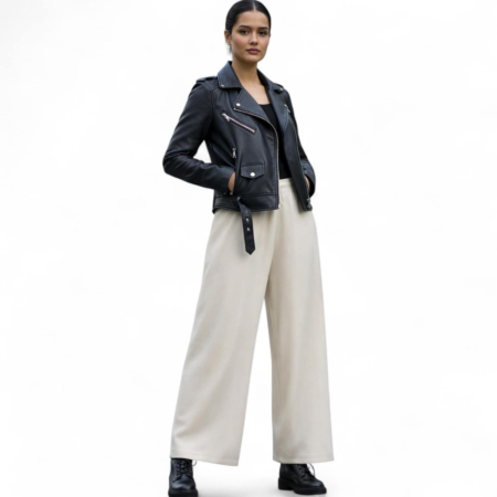 Pantaloni tricot crem cu talie reglabila si croi larg