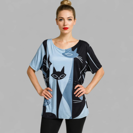 Bluze /pulovere pisica - Bluza cu Maneca Scurta cu Imprimeu Pisici Negre