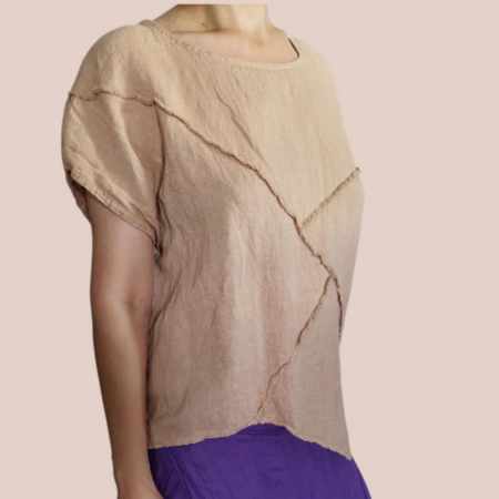 Bluze sezon cald - Bluza din in cu aspect zdrenturos decolteu rotund