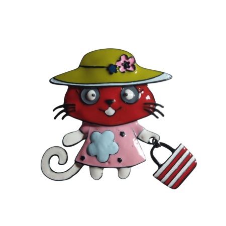 Brose pisici & Brelocuri pisici - Brosa din metal inoxidabil in forma de pisica imbracata colorat