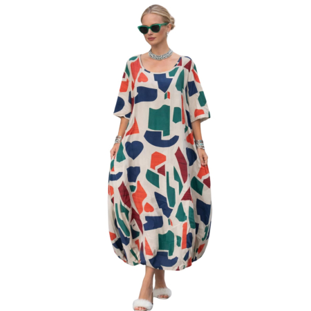 Rochii sezon cald - Rochie lunga lejer cu imprimeu geometric multicolor usor balon