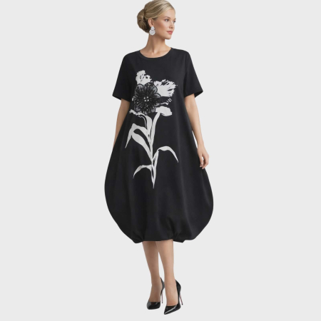 Rochii bumbac - Rochie neagra din bumbac si floare pe tulle cusuta