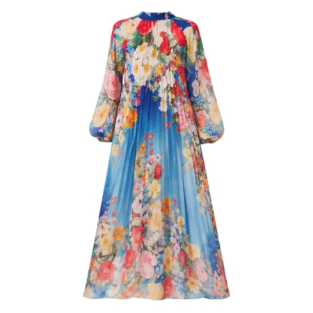 Rochie din satin lunga plisata bleumarin cu imprimeu floral multicolor [2]