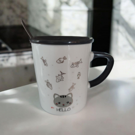 Diverse chestii pisicoase - Set Cana din Ceramica cu Capac si Lingurita si desen Pisica