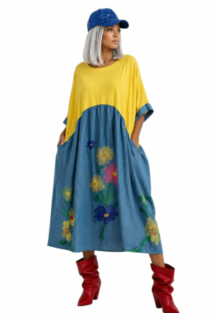 Rochii bumbac - Rochie din bumbac si denim cu flori brodate pe partea din fata