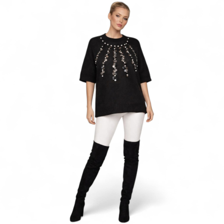 Pulover negru din tricot fin cu aplicatii decorative si accente elegante [1]