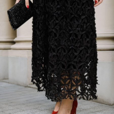 Rochie Eleganta Neagra din Bumbac si Dantela cu Flori si Paiete [1]