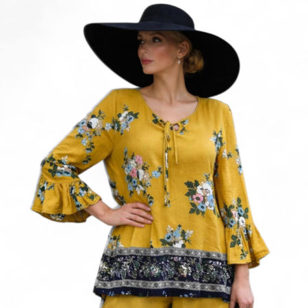 Bluze vascoza - Bluza din vascoza cu imprimeu flori pe fond galben mustar