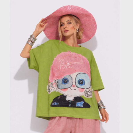 Bluze sezon cald - Bluza verde praz croi larg cu aspect zdernturos si paiete