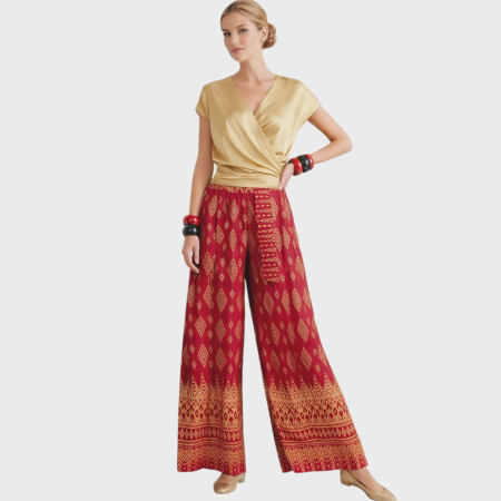 Pantaloni bumbac & vascoza & tricot & poliester - Pantaloni largi dama rosii cu imprimeu auriu, tip palazzo elegant