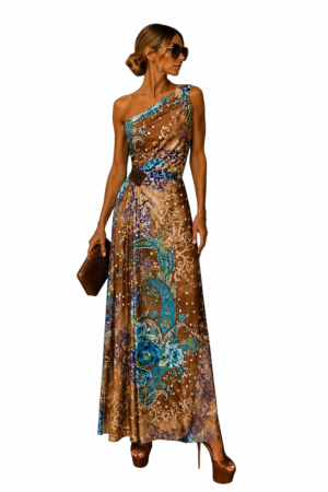 Rochii lycra & poliester & voal - Rochie lunga din lycra cu accesoriu din strasuri maro