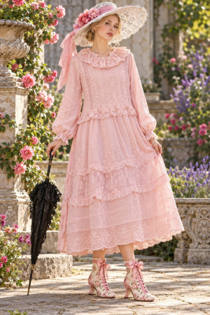 Rochii vascoza - Rochie diafana din vascoza roz pudrat cu dantela si broderie