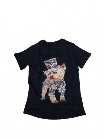 Tricouri - Tricou din bumbac cu imprimeu in forma   caine yorkshire cu paiete si strasuri
