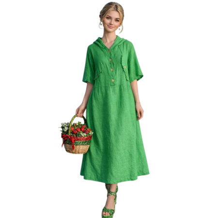 Rochii in - Rochie lunga verde  din in tip hanorac cu gluga