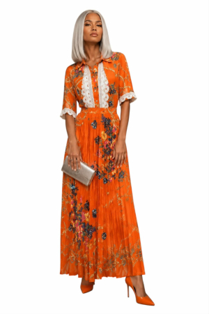 Rochii lycra & poliester & voal - Rochie lunga plisata tip gipsy  cu dantela si nasturi la bust