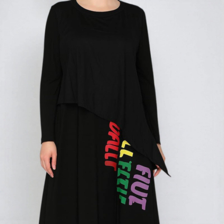 Rochie asimetrica neagra din bumbac cu material suprapus si litere colorate [1]